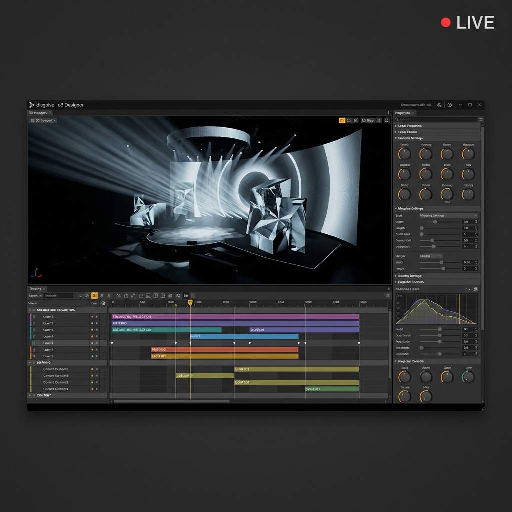 Interface do software Disguise d3 Designer mostrando projeto de mapeamento 3D