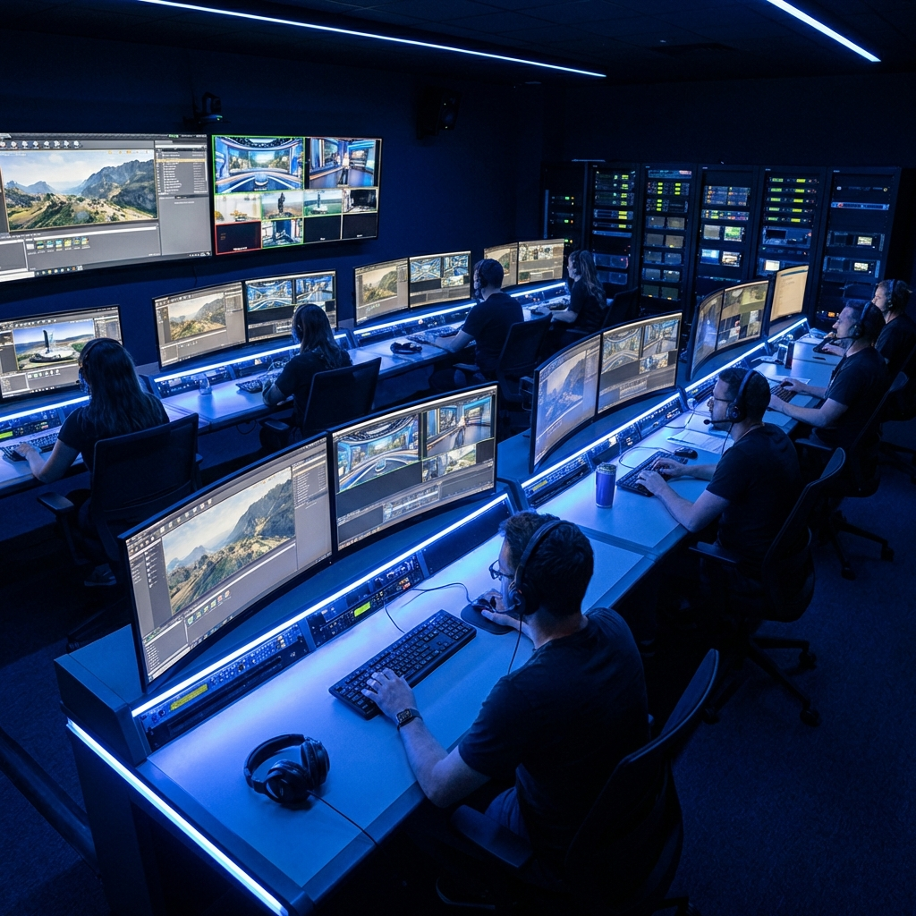 Sala de Controle de Estúdio Virtual com monitores e servidores