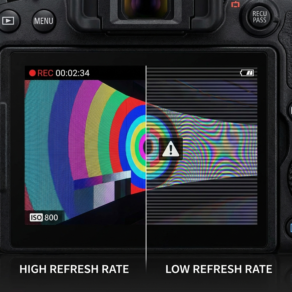 Diferença visual entre LED com alta taxa de refresh (imagem limpa) e baixa taxa de refresh (scan lines)