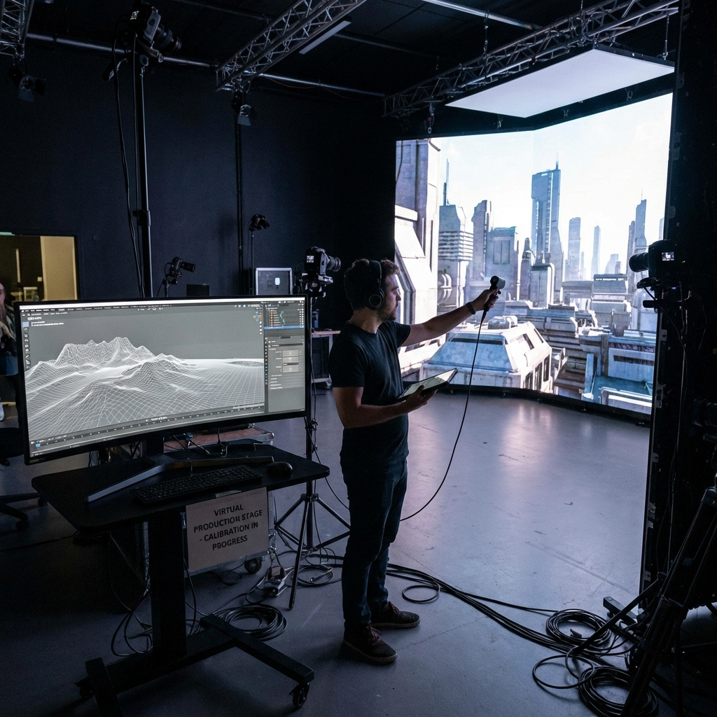 Profissional calibrando ambiente virtual em estúdio